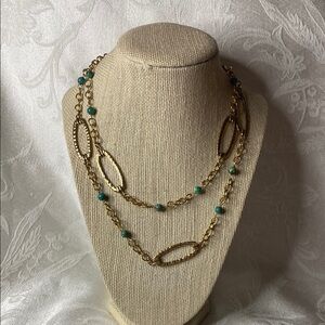 Gold Plated Barse Long Turquoise and Link Necklace Sz 32”